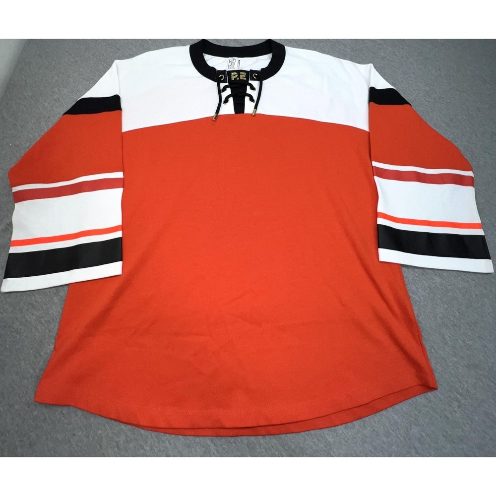 P.E Shirt Mens Small Orange White Hockey Jersey Lace Up Long Sleeve Top